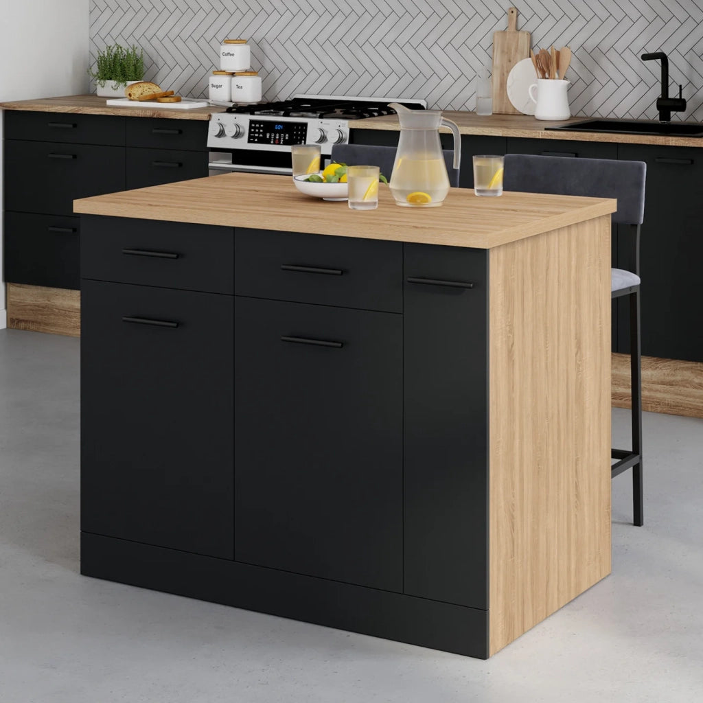 IDMarket - Isola centrale ALTO con ante, contenitori, cassetti, cassettoni e piano di lavoro in faggio ed effetto nero