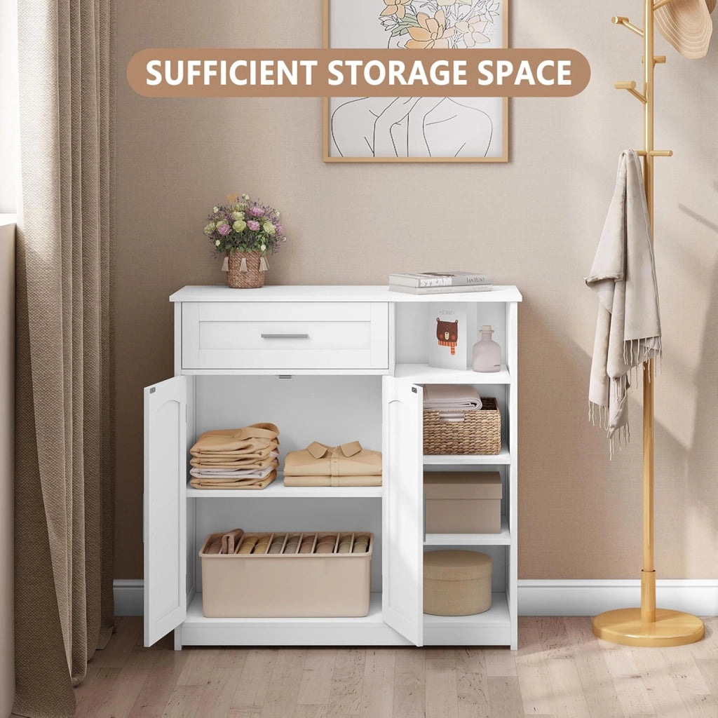 Mobile da Bagno Indipendente con 2 Ante 1 Cassetto 4 Ripiani Aperti, Regolabili in Altezza, Unità di Stoccaggio per Corridoio, Credenza da Cucina, 80x30x80,5 cm, Bianco