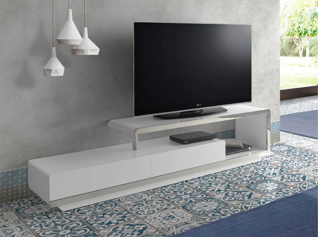 Mobile TV in legno bianco con base in acciaio cromato e base in acciaio cromato