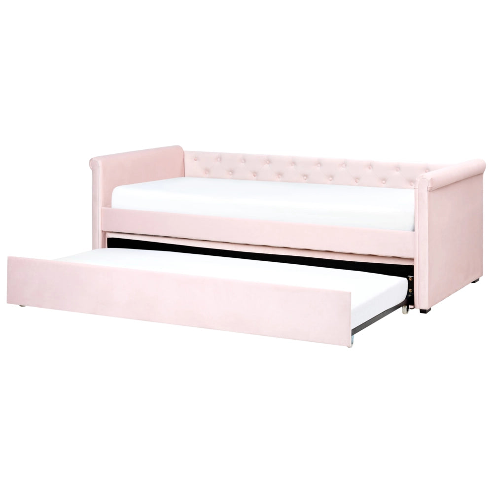 Letto singolo con letto aggiuntivo a scomparsa in velluto 90 x 200 cm rosa pastello cameretta stile moderno