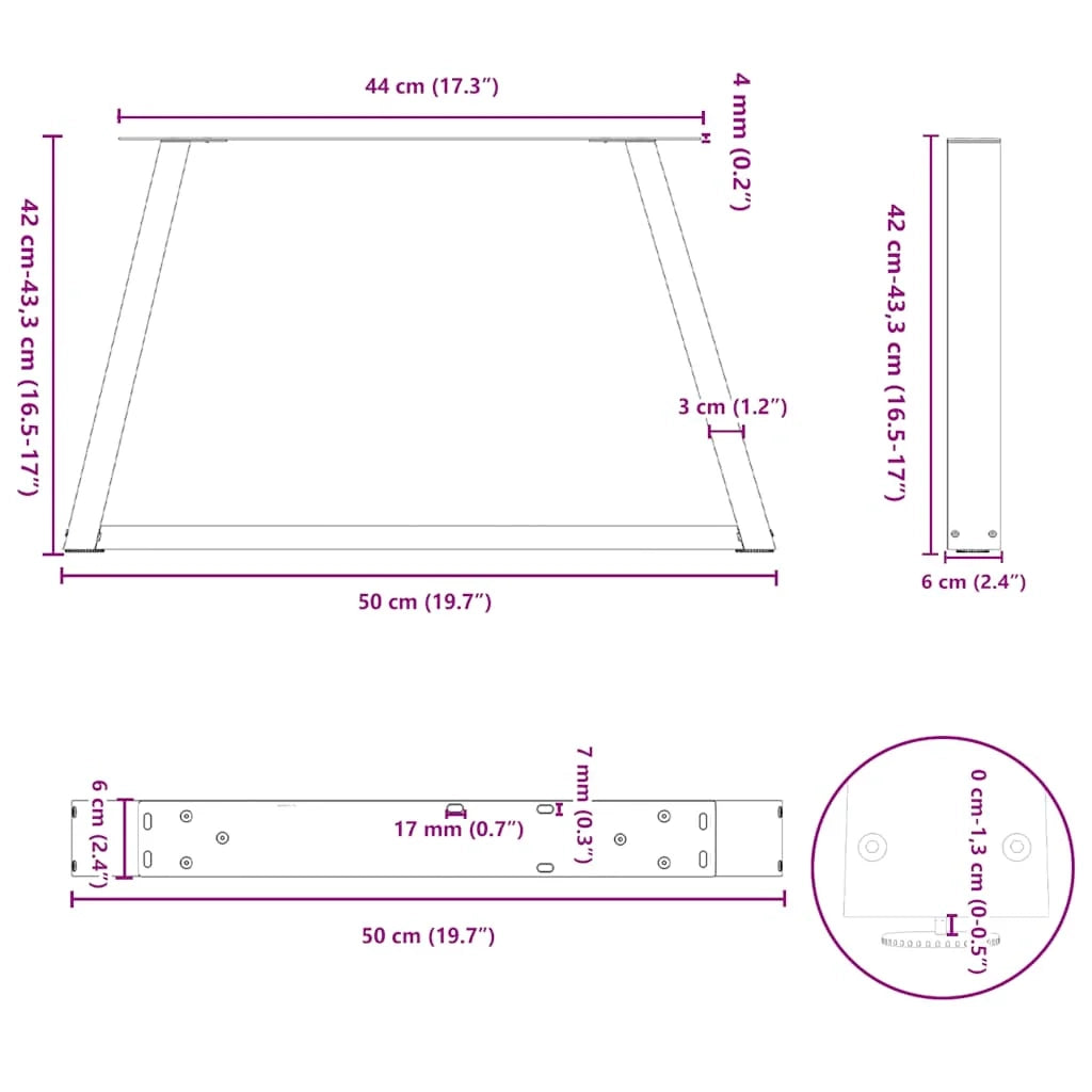 Set di 2 gambe per tavolino da caffè a forma di V 50 x 42-43,3 cm design moderno con piedini regolabili in acciaio antracite 02_0056845