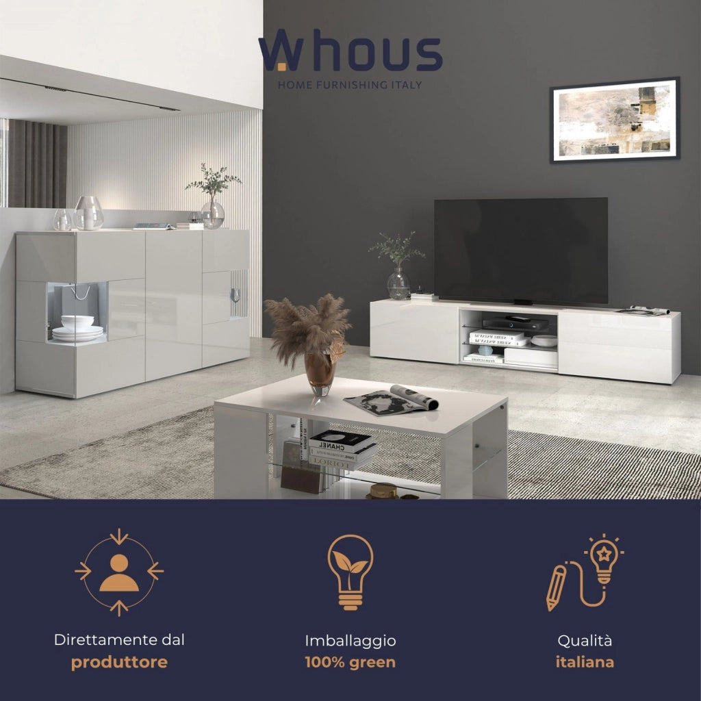 WHOUS Mobile porta tv Egypt a 2 ante e 2 ripiani in vetro bianco lucido 180x38x35 cm