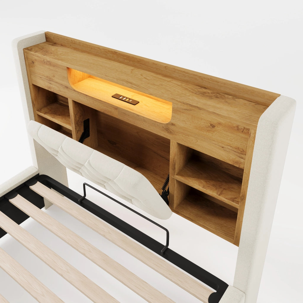 DESMIU Lit coffre 90 × 200 cm 1 piazza con LED, USB e Type-C, testiera con ripiano, senza materasso, beige