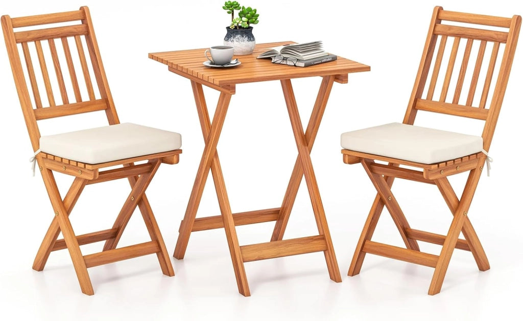 Mobili da balcone piccolo balcone, tavolo da bistrot con 2 sedie, set di mobili da giardino in legno pieghevole, set da balcone per esterni, per 2 persone, set da giardino con cuscino