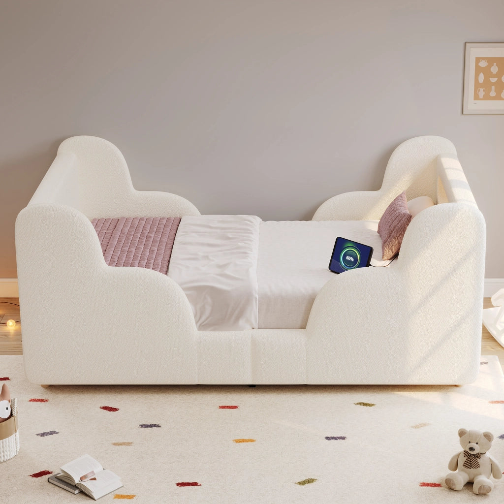 Letto per bambini 90x200 cm in bouclé beige con sponde imbottite, luce notturna, USB e rete inclusa