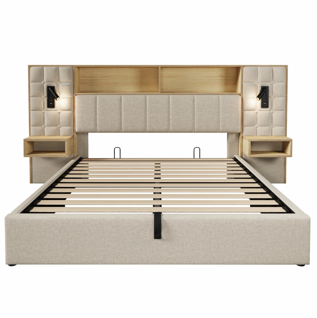 Letto matrimoniale 160x200 cm con contenitore; in tessuto effetto lino beige; luci lettura e ricarica USB-C