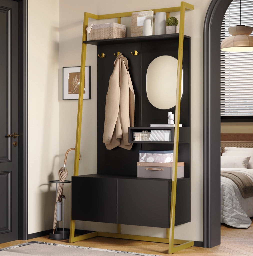 GUARDAROBA Compatto con Specchio e Scarpiera 78x38,5x180,5 cm Nero MDF e Metallo