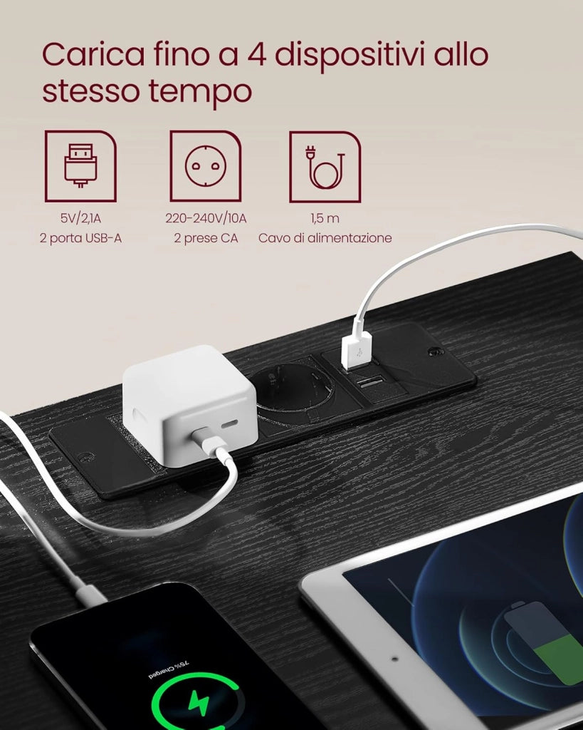 VASAGLE KAILYN Collezione - Comodini con Ciabatta Elettrica, Set di 2 Tavolini, 2 Cassetti, 2 Prese AC, 2 Porte USB-A, Soggiorno Camera da Letto, Moderno, Nero Ebano LET821B02