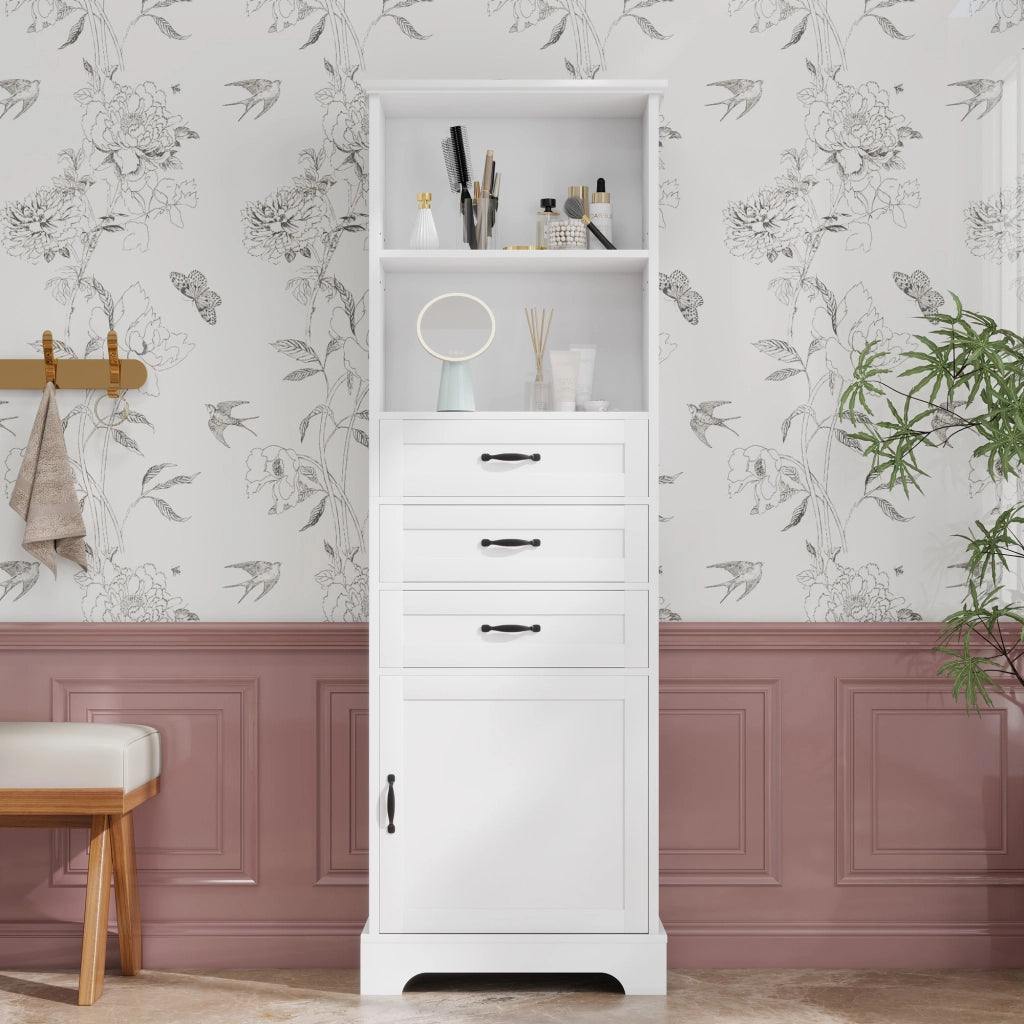 Armadietto da bagno con 1 anta 3 cassetti e vani aperti con ripiani regolabili in MDF bianco 56 × 25,6 × 167 cm