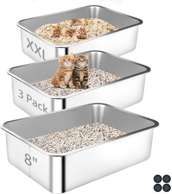 Catino per gatti in acciaio inossidabile, 3-pack, grande catino per gatti grandi, multiuso, rivestimento antiscivolo, facile da pulire (60-40-20 cm)