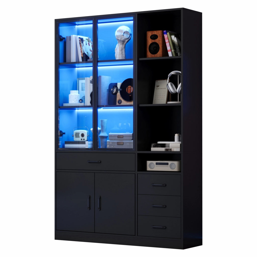 Libreria con 4 cassetti; 4 ante e illuminazione LED - per soggiorno - 120 x 35 x 200 cm - nero