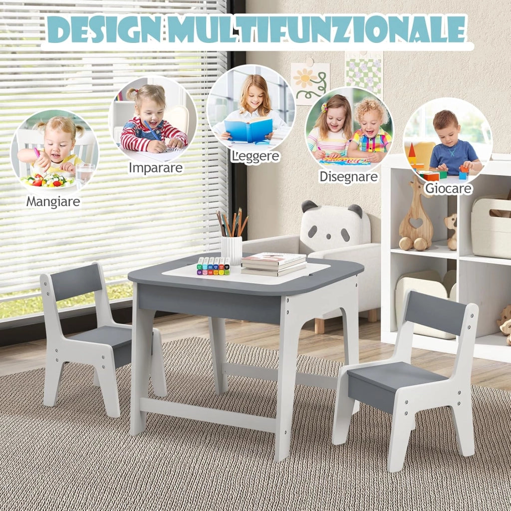 Set Tavolo e 2 Sedie per Bambini, con Lavagna Reversibile, Tavolo Multiattività con Vano Portaoggetti Nascosto e Sedie, per Bambini da 3-6 Anni, per Cameretta e Soggiorno (Grigio)