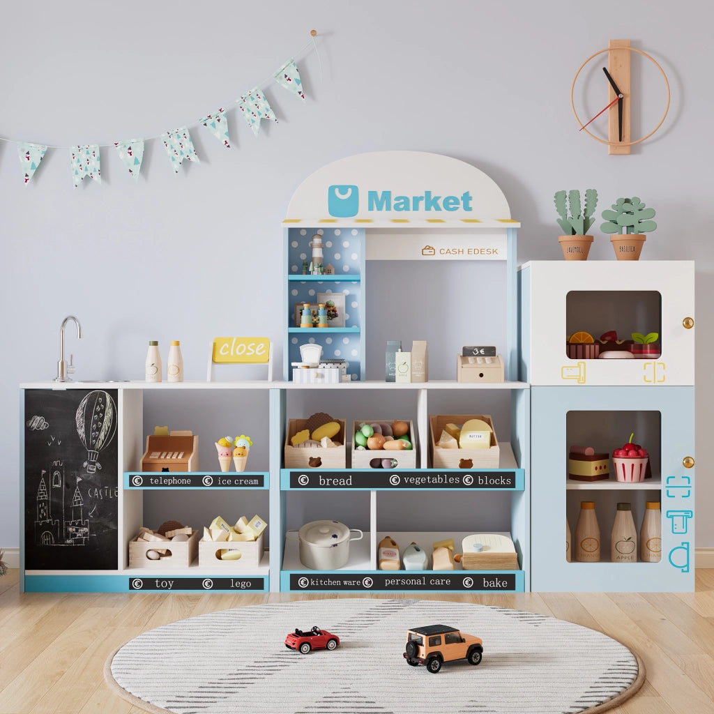 Cucina giocattolo per bambini con scaffali frigorifero lavagna cancellabile banco laterale e rubinetto in MDF blu
