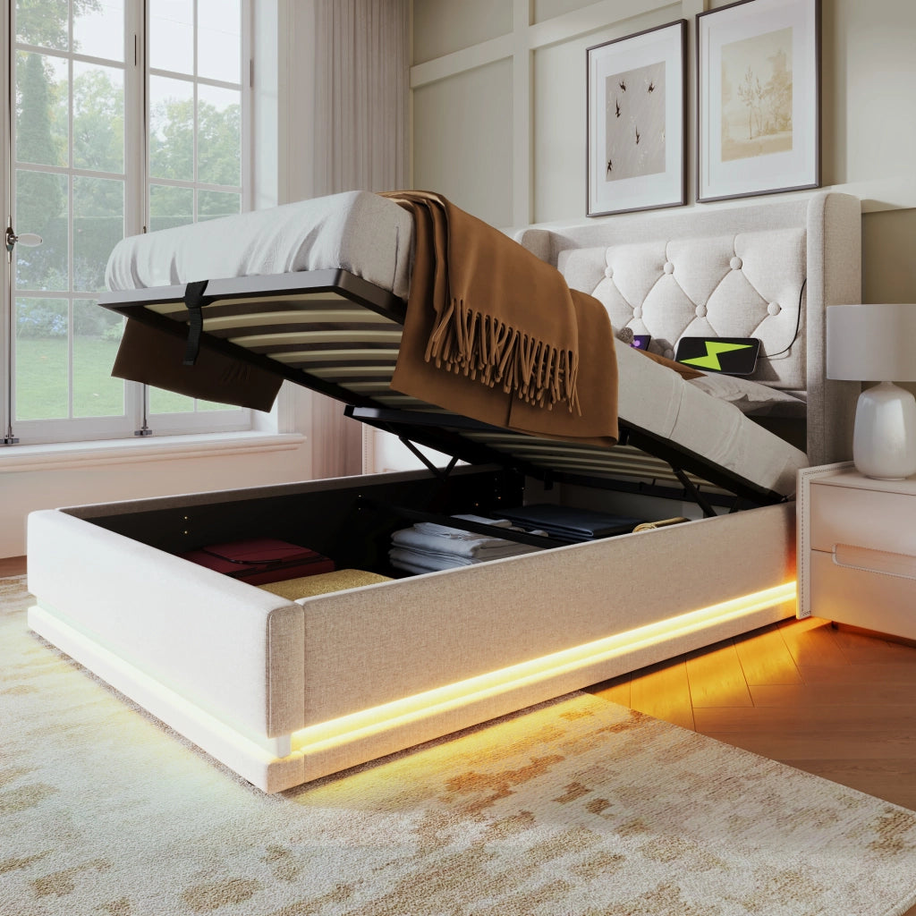 OKWISH Letto Contenitore 90×200 cm, Letto Singolo con USB, Tipo C, LED Regolabile e Testiera Imbottita, senza Materasso, Beige