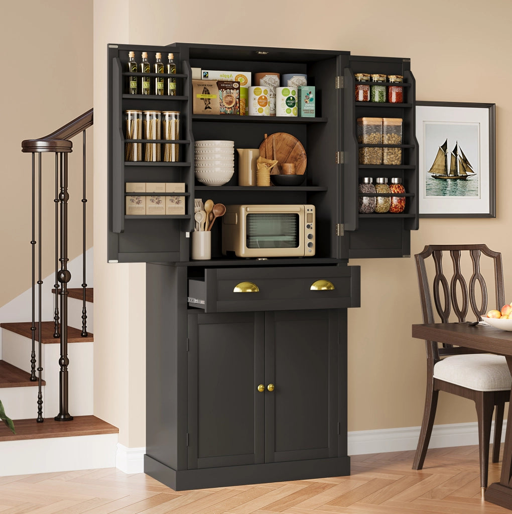 Credenza 80x40x182 cm con 4 ante; 1 cassetto e ripiani regolabili in MDF nero