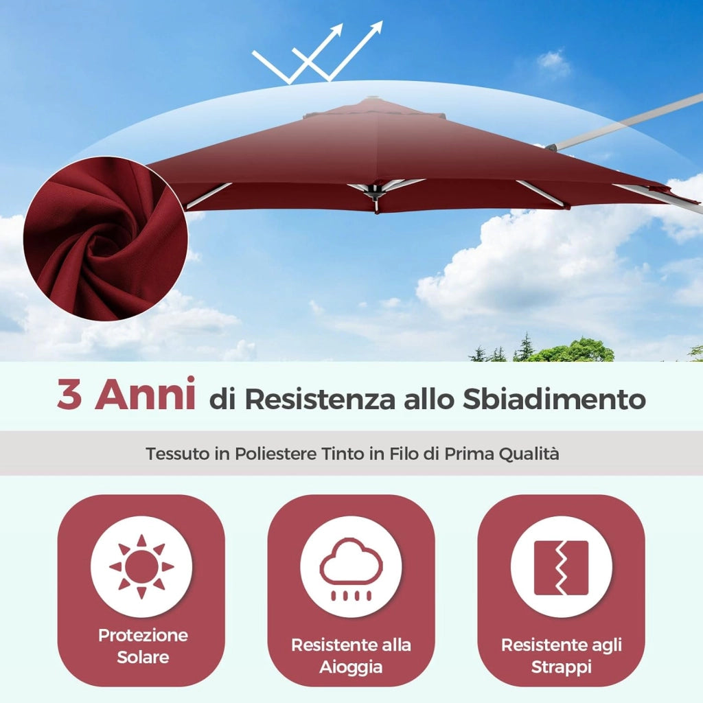 Ombrellone da Giardino 339 cm, Ombrello da Giardino Rotondo con Rotazione a 360°, Ombrellone da Giardino Inclinabile con Base, Ombrello da Sole per Giardino, Patio (Rosso)