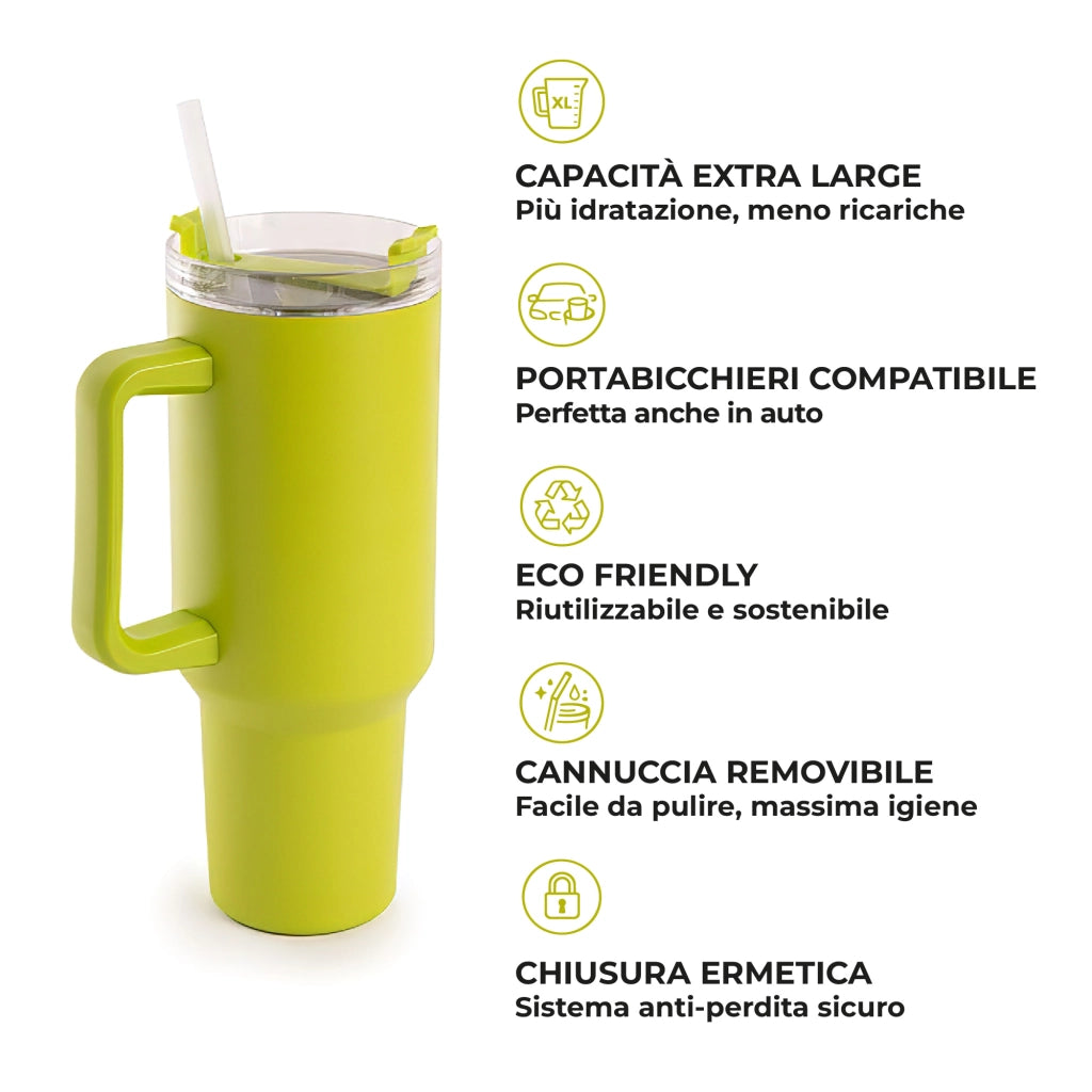 Borraccia Termica Americana 1200 ml in Acciaio Inox Doppio Strato Sottovuoto con Cannuccia e Manico – Smalto Antigraffio, Isolamento Caldo/Freddo, Coperchio Ermetico Lime