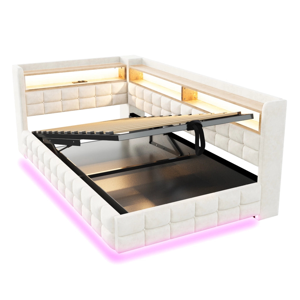 Divano letto imbottito 90x200 cm con LED, prese e contenitore