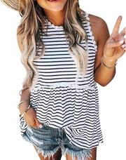 Camisole Casual Abito da Giorno con Collo Ronde con Print - Abito da Giorno con Strisce Bianche