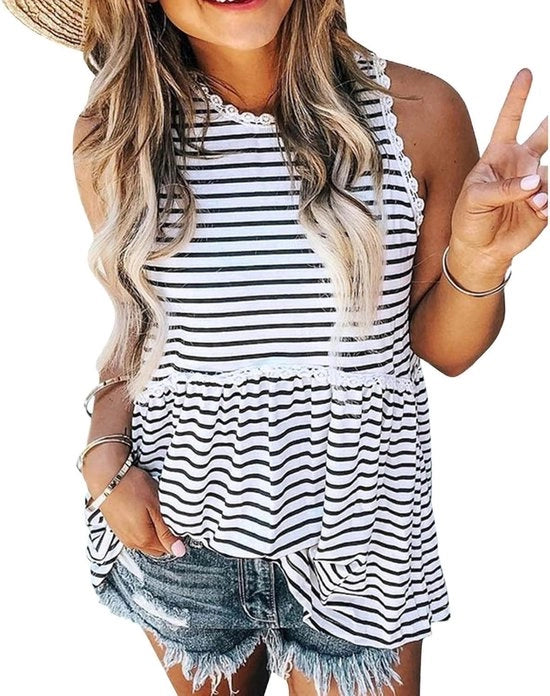 Camisole Casual Abito da Giorno con Collo Ronde con Print - Abito da Giorno con Strisce Bianche