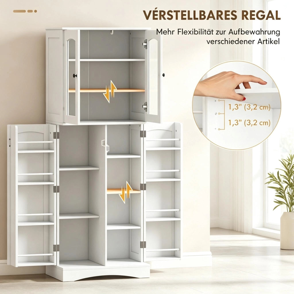 Credenza alta da cucina con ripiani regolabili e vetrina in acrilico, per cucina, bianca, 60 × 40 × 162 cm