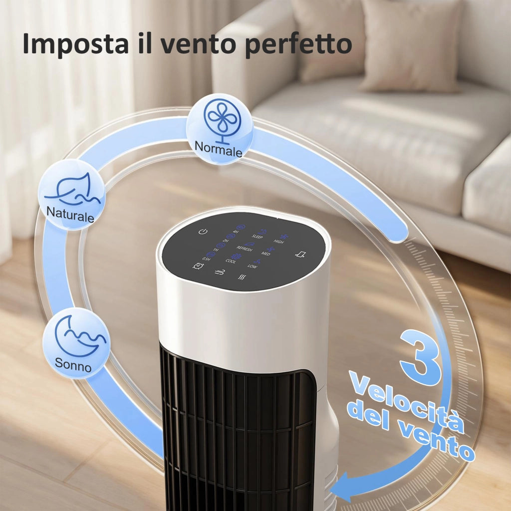 Ventilatore a Torre da Pavimento 25x25x80 cm Oscillante 70° in PP e ABS Bianco e Nero