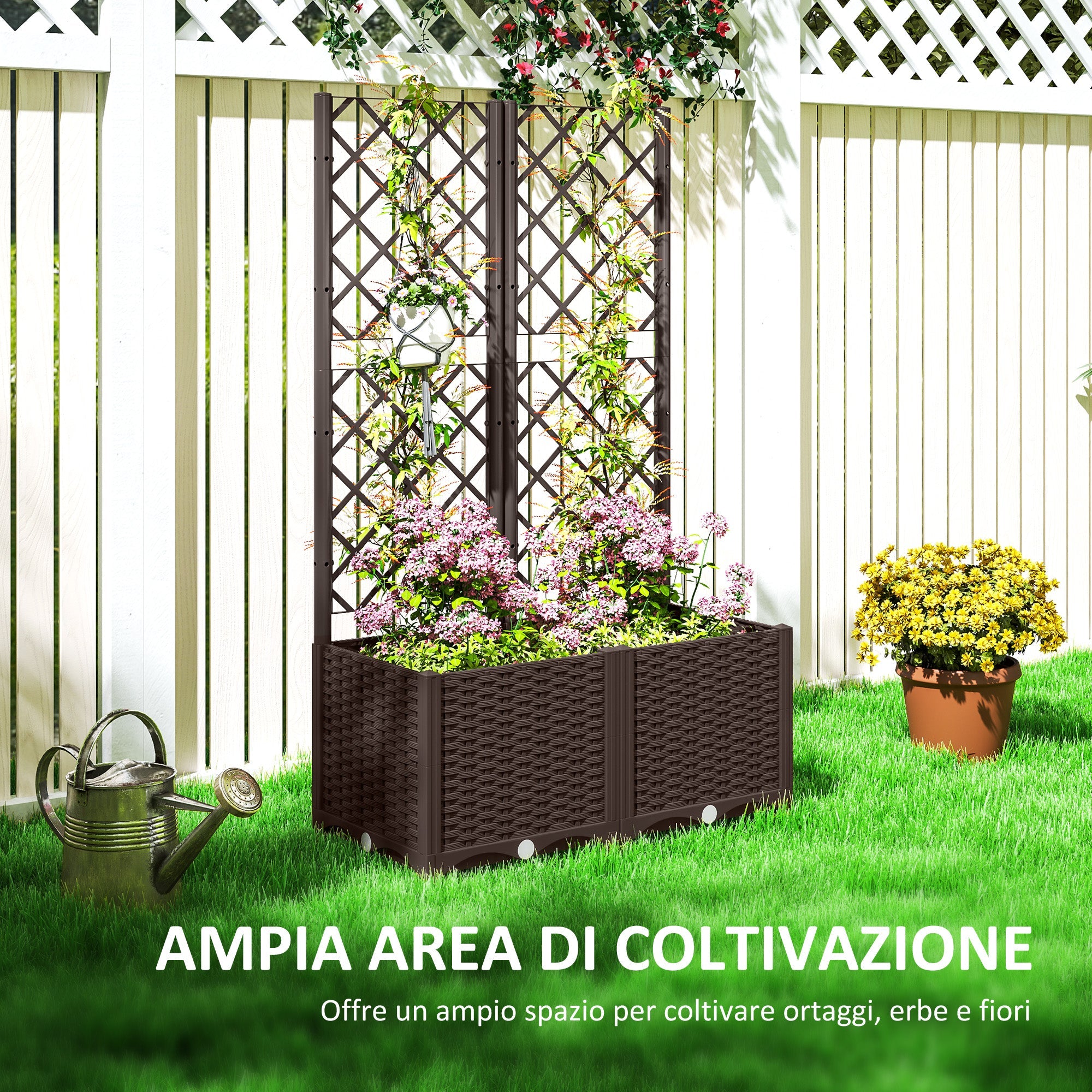 Fioriera con Traliccio per Rampicanti 80x40x135 cm 8 Fori di Drenaggio in PP Marrone