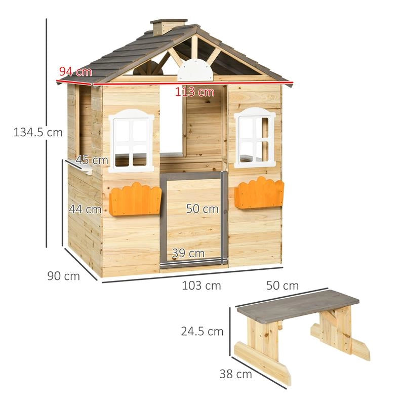 CASETTA BIMBI 3-7 ANNI A 2 FINESTRE CON PORTAVASI E PANCHINA, IN LEGNO DI ABETE E PP, 113LX94X134.5 CM