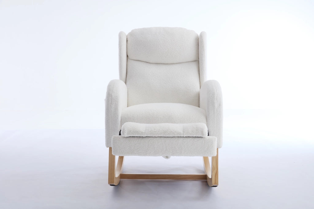 Poltrona a Dondolo con Poggiapiedi ¨C MINIMAL ¨C Tessuto Teddy, Schienale Alto, Bianco