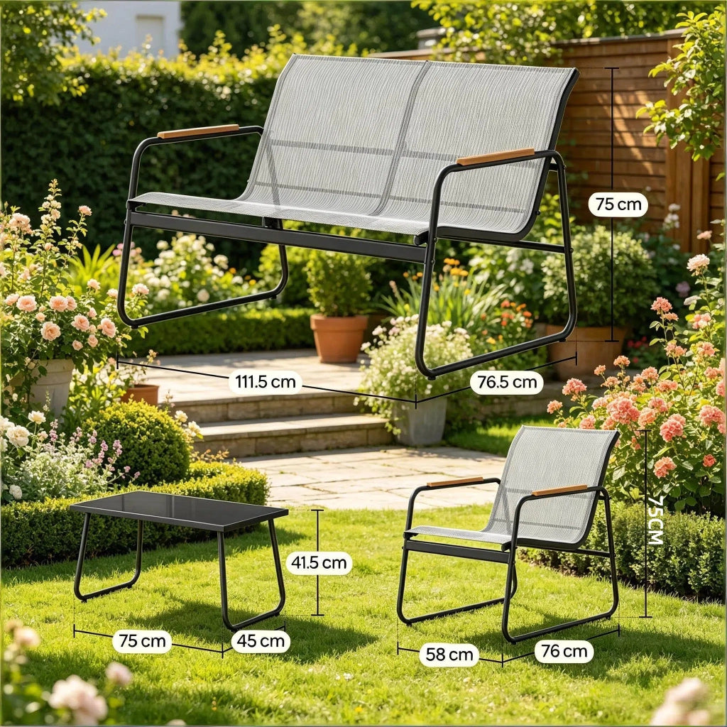 Set mobili da giardino 4 pezzi con divano a 2 posti, 2 poltrone e tavolino in vetro temperato per esterno grigio