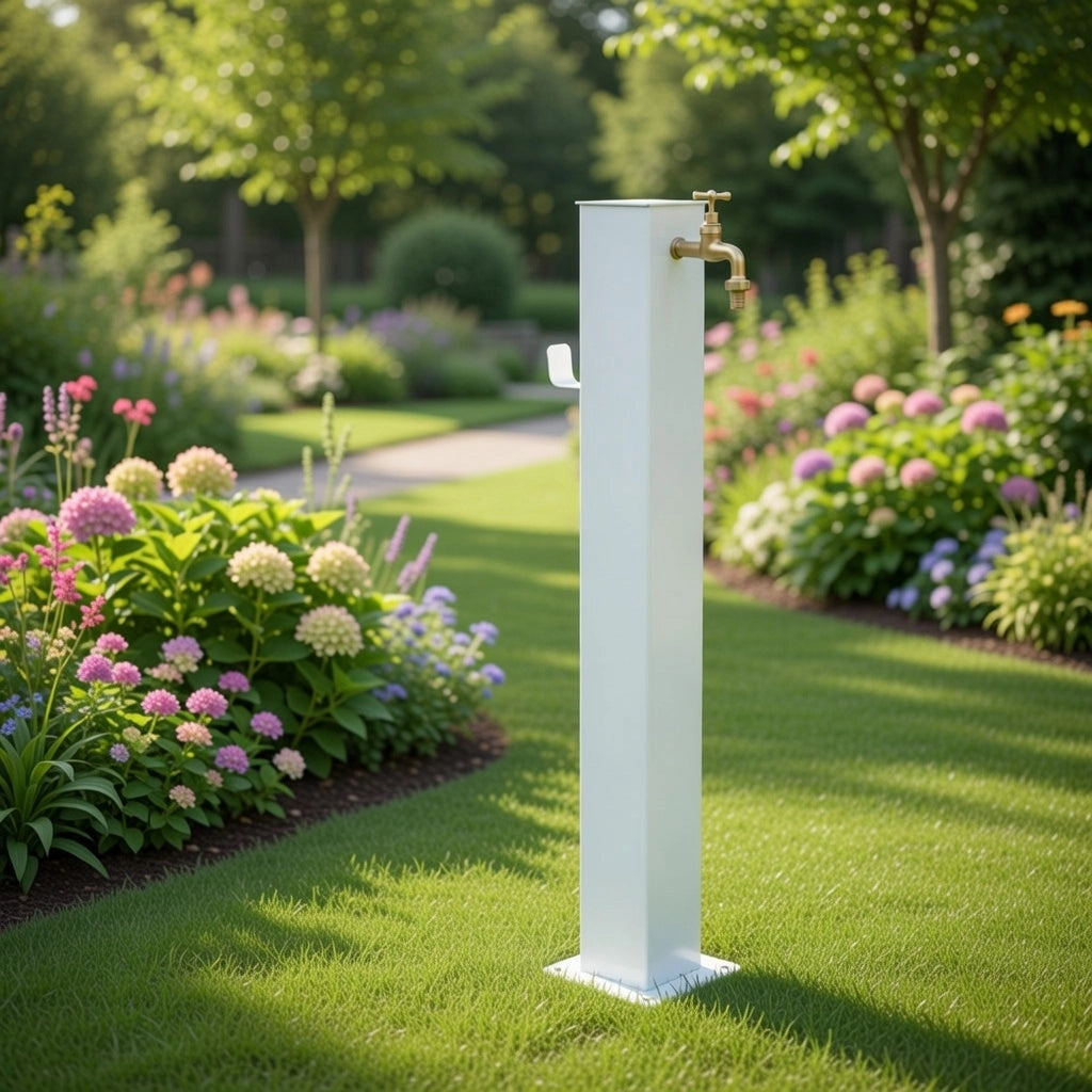 Fontana da Giardino Design a Colonna Quadrata 20x20x97 cm con Rubinetto in Ottone Struttura in Acciaio Bianco