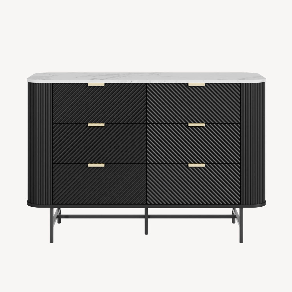 Comò a 6 Cassetti Olvehok Cassettiera 120 x 40 x 81 cm - Nero/Effetto Marmo Bianco [en.casa]