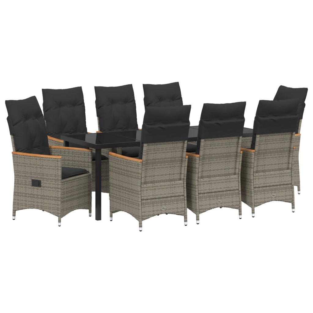 Set da Pranzo da Giardino da 9 Pezzi con Cuscini Grigio Rattan PE