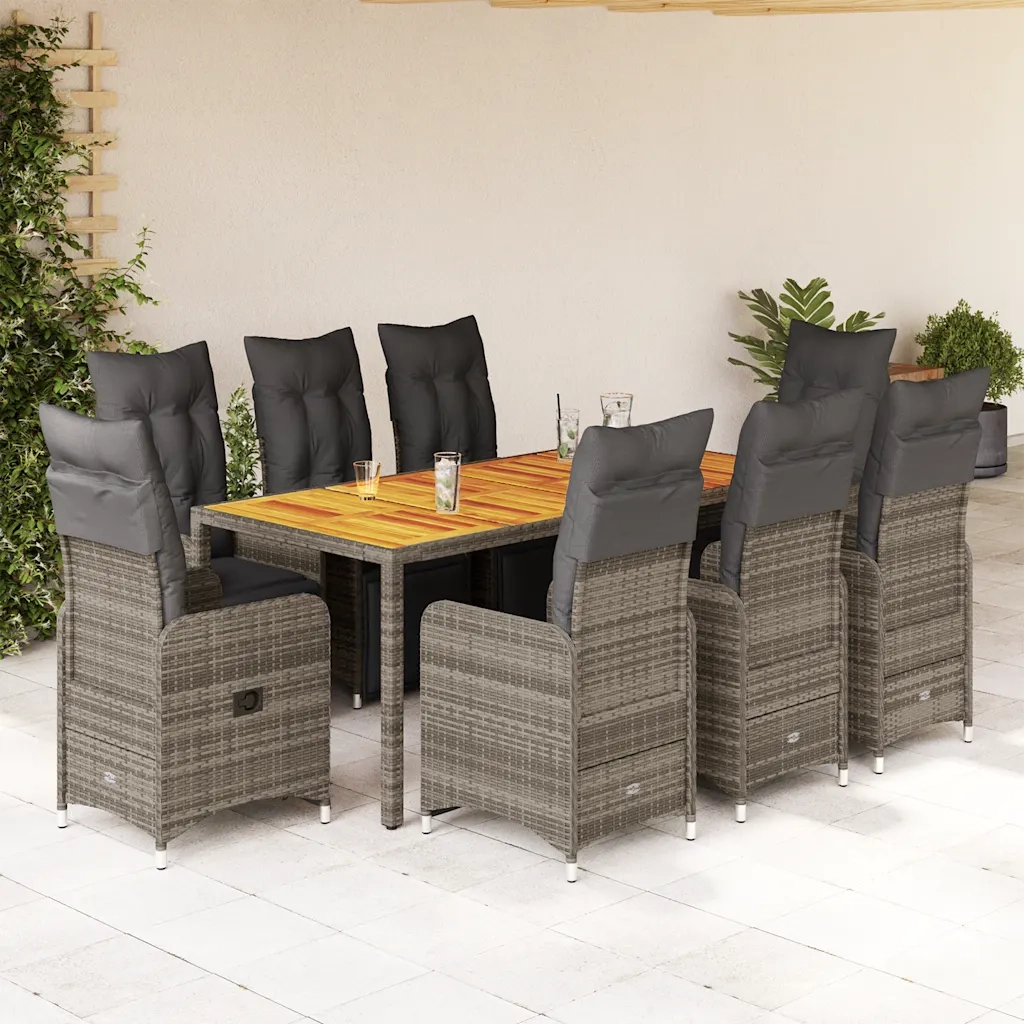 vidaXL Set Bistrò da Giardino 9 pz con Cuscini in Polyrattan Grigio