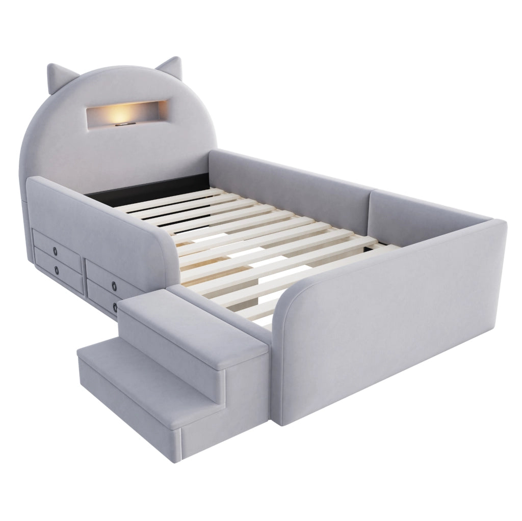 Letto per bambini 90x200 cm con testiera con contenitore; luce notturna e USB; rivestito grigio chiaro