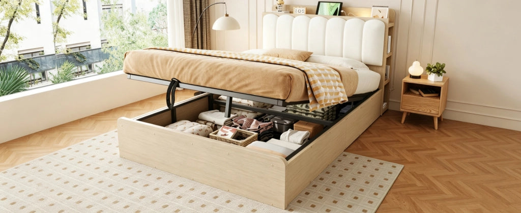 Letto contenitore 140 × 200 cm et 180 × 200 cm con testiera imbottita, USB, luce notturna, senza materasso, naturale