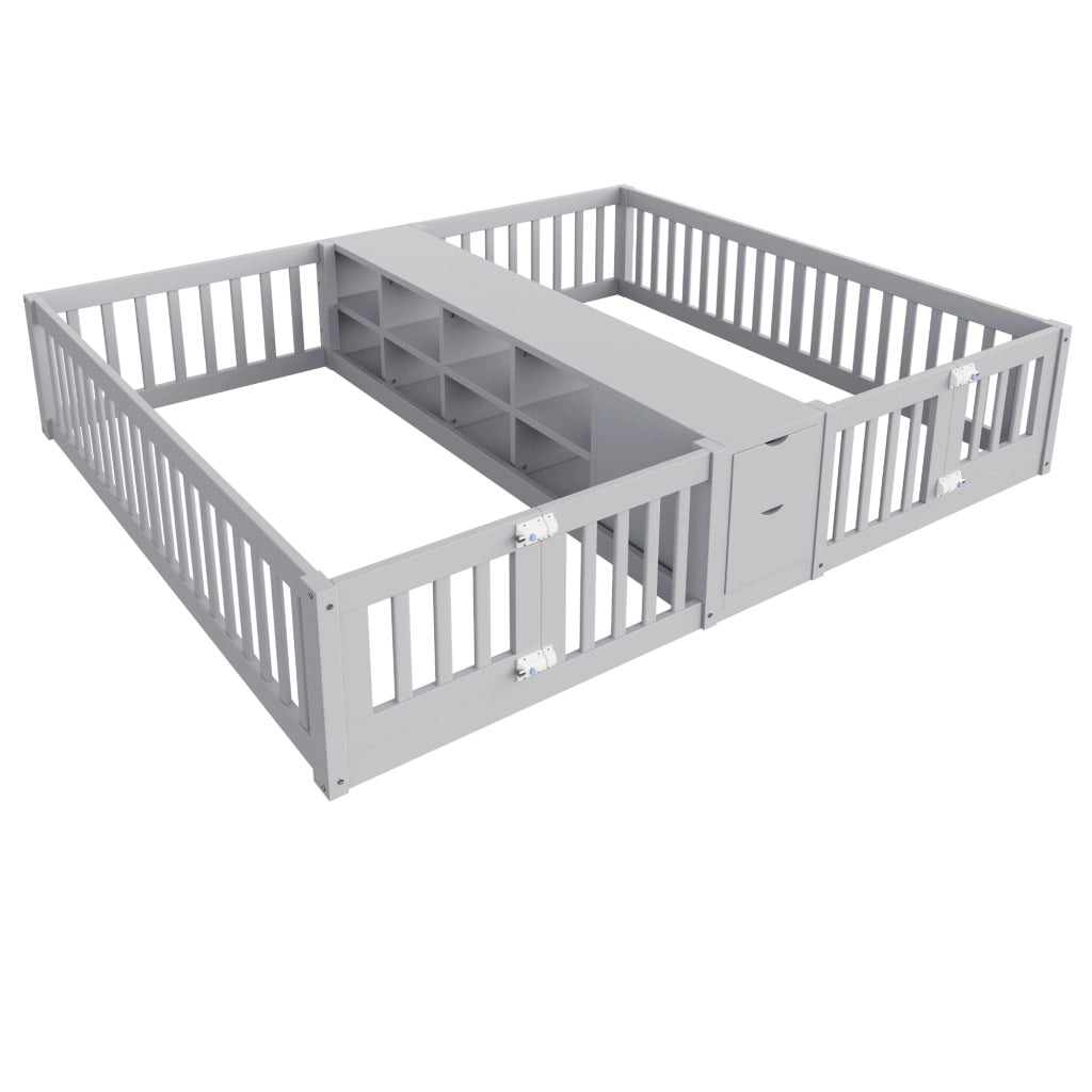 Letti per bambini 90 x 200 cm *2, in legno, con 2 cassetti, ripiano, sponde di sicurezza, grigio (senza base per il materasso)