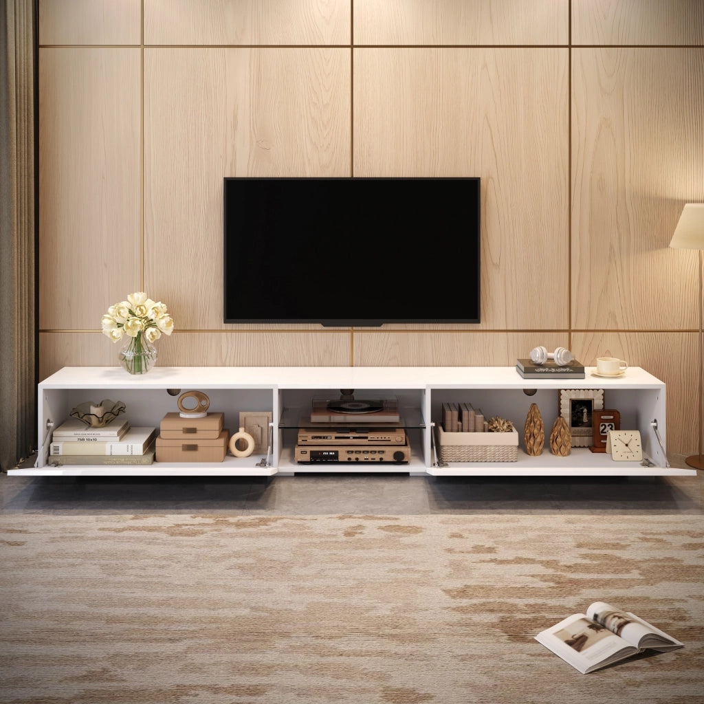 Mobile TV con 2 ante a ribalta; illuminazione LED multicolore e ripiano trasparente per soggiorno; 200 × 30 × 30 cm