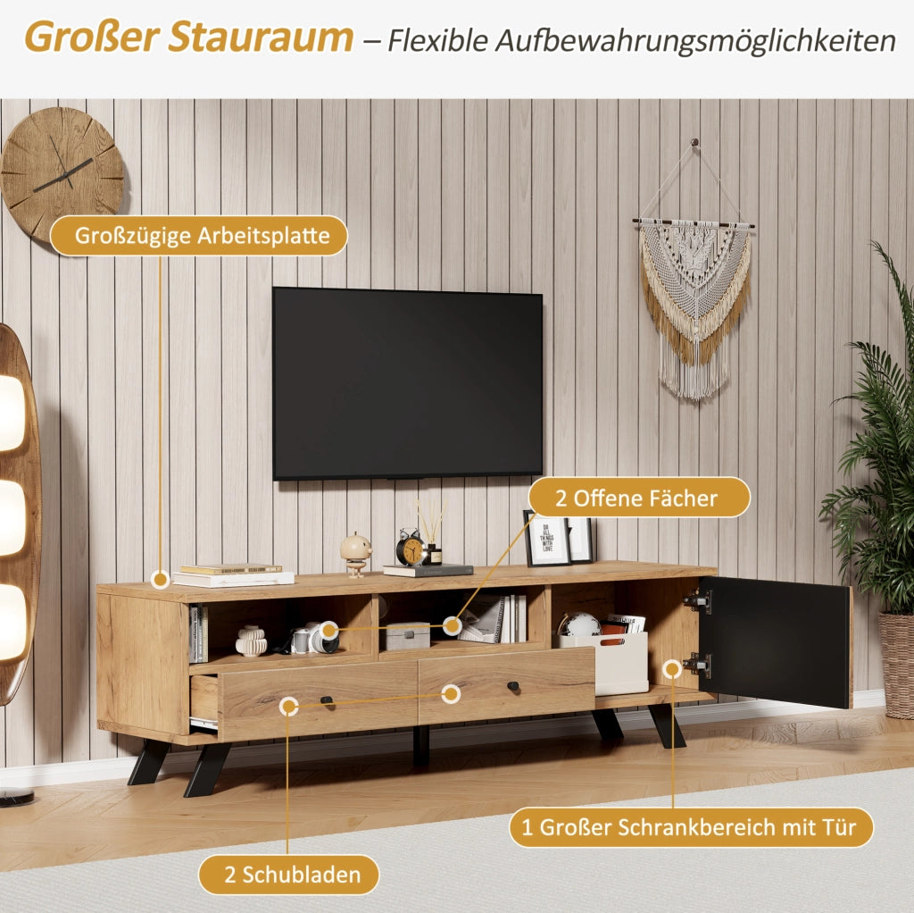 Mobile TV 150 cm con 2 cassetti e vano chiuso, legno e nero