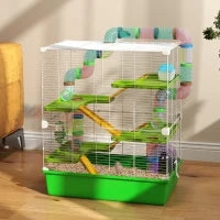 Gabbia Criceti a 5 Livelli con Tubi, Casetta, Serbatoio e Ruota, in Acciaio, PP e PS, 59x36x69 cm, Verde e Bianca