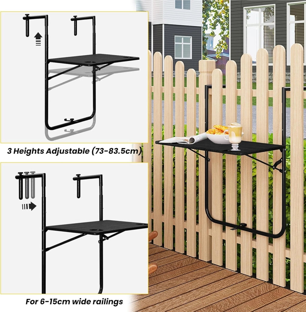 Tavolino pieghevole da appendere, per esterni, balcone, 3 altezze, regolabile, effetto legno, nero