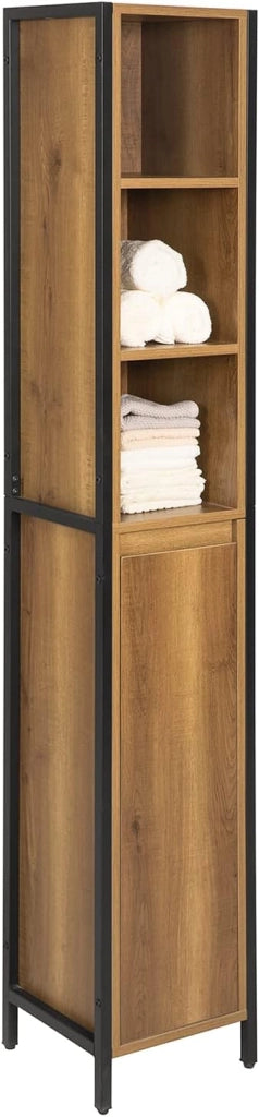 Colonna Bagno Alta e Stretta con 3 Ripiani Aperti e 1 Anta – Mobiletto Salvaspazio Vintage in Metallo e Legno 30x168x28cm BZR62-PF