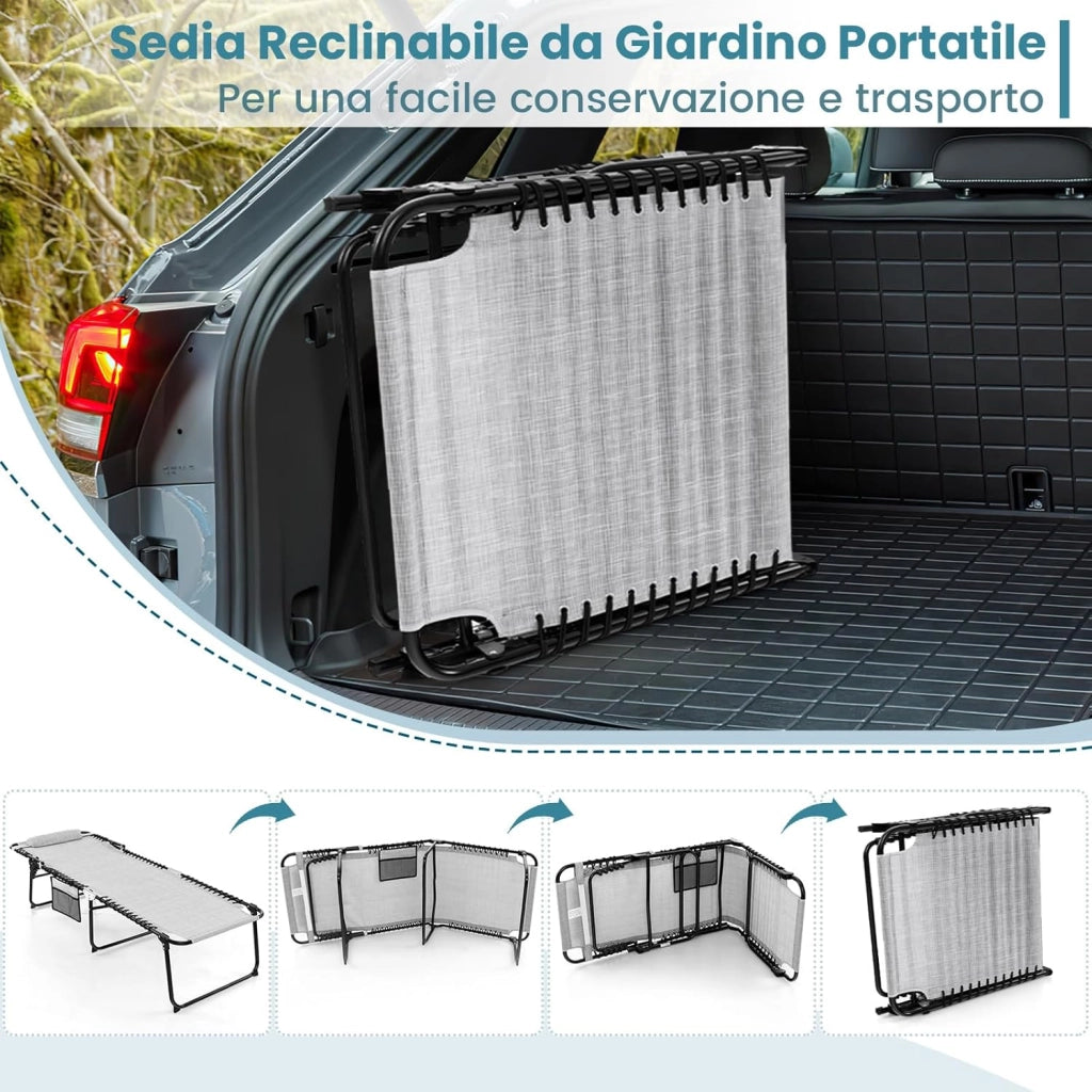 Lettino Prendisole da Giardino, Sedia a Sdraio Pieghevole con Schienale Regolabile, Cuscino Staccabile, Tasca, Portata 200 kg, 168-188 x 69 x 41-86 cm (Grigio)