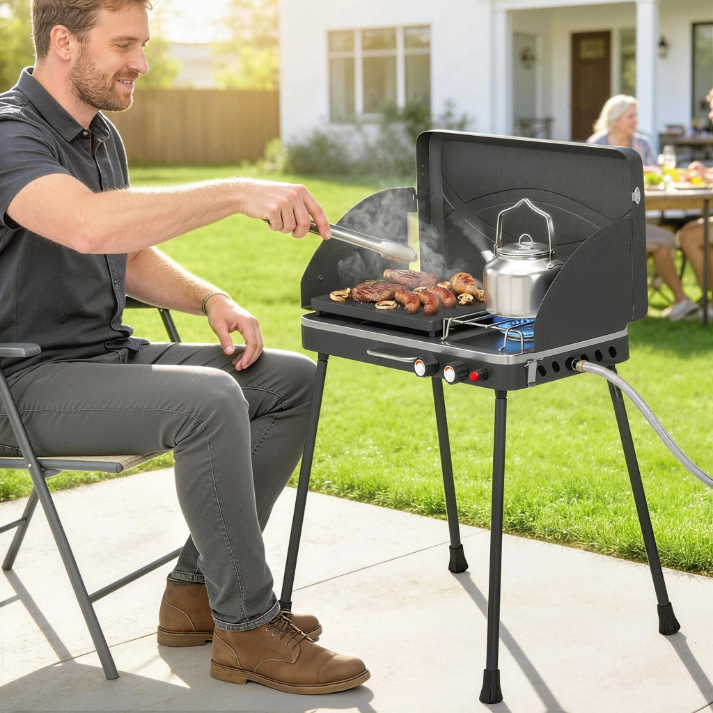 Barbecue a Gas Portatile 2 in 1 con Piastra ¨C Xylo ¨C 7 kW Nero Propano