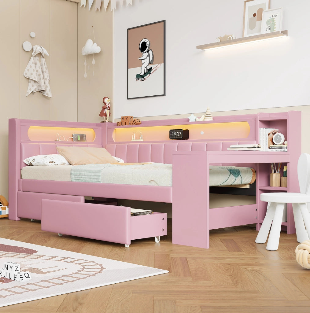 Letto da giorno imbottito 90x200 cm con scrivania; 2 cassetti; LED e USB; rosa