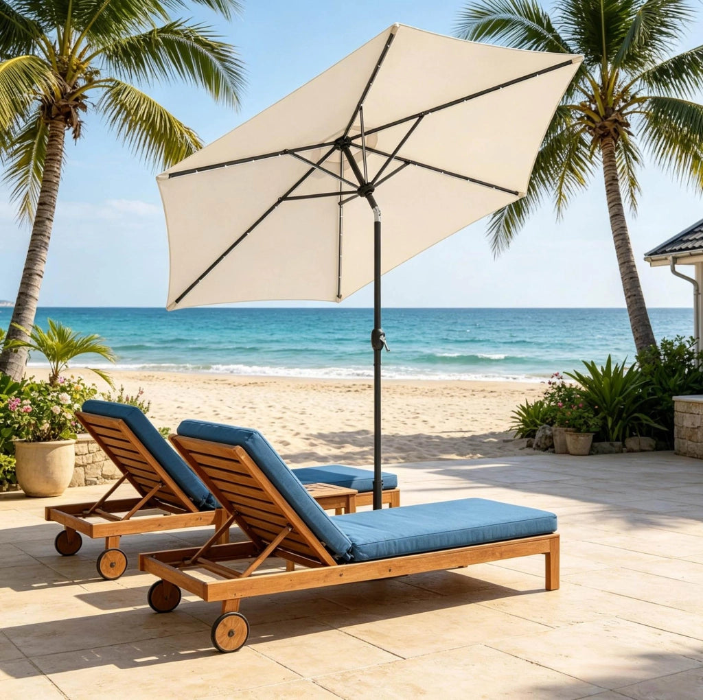 Ombrellone rotondo con luci LED solari ? 292 x 247 cm; beige in ferro e poliestere