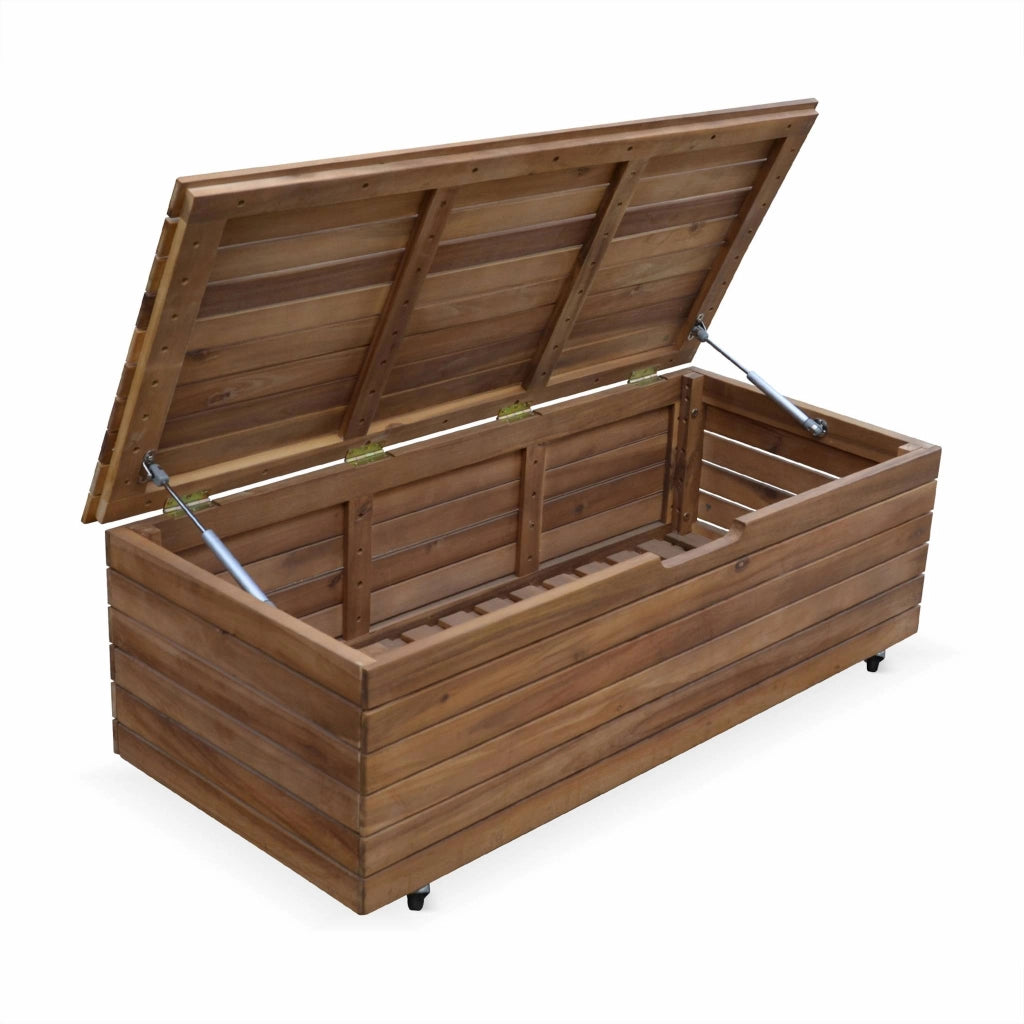 Baule da giardino in legno con rotelle, 110l, marrone naturale