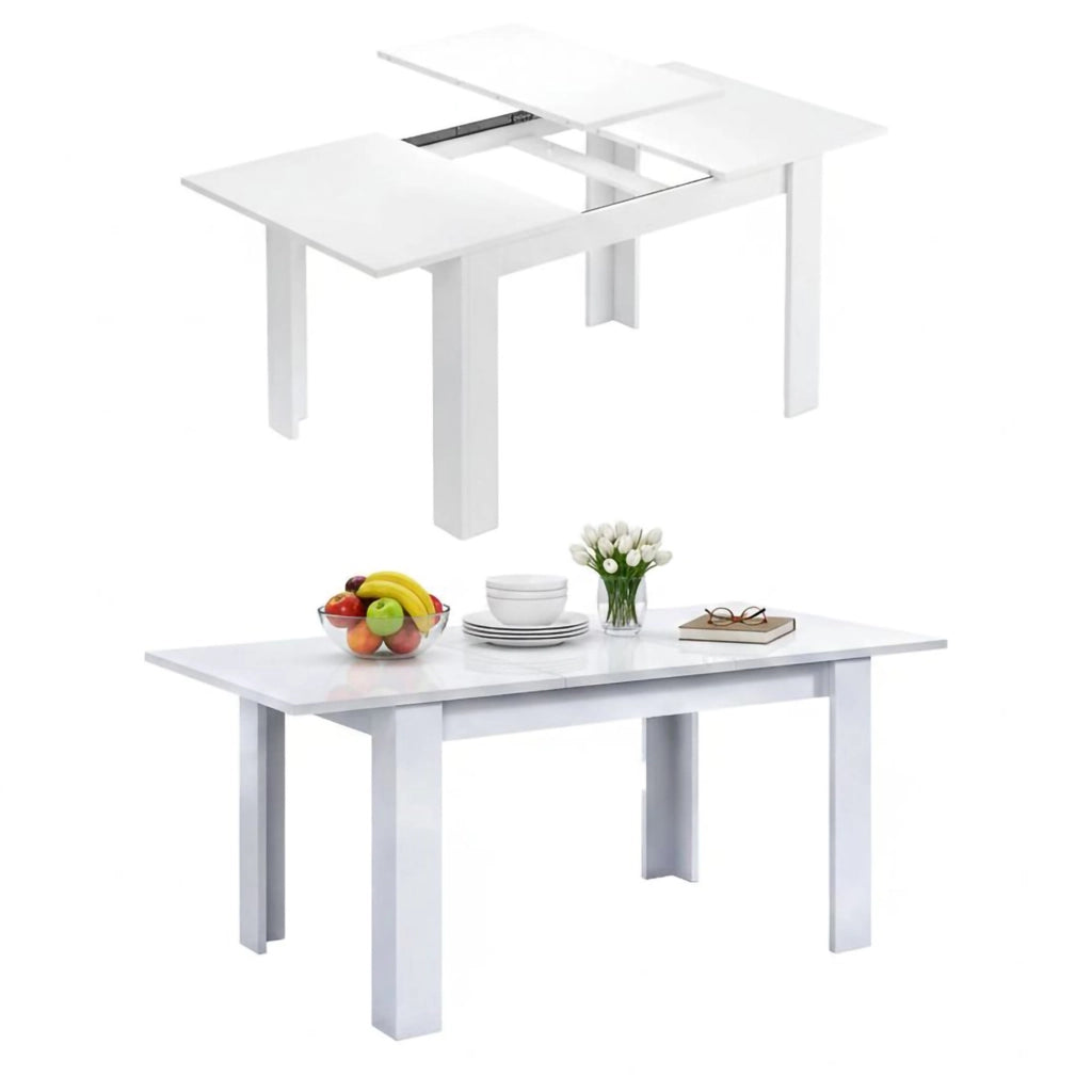 Tavolo allungabile Abudula, Tavolo per sala da pranzo allungabile, Tavolo da pranzo estensibile con allunga, cm 140/190x90h78, Bianco