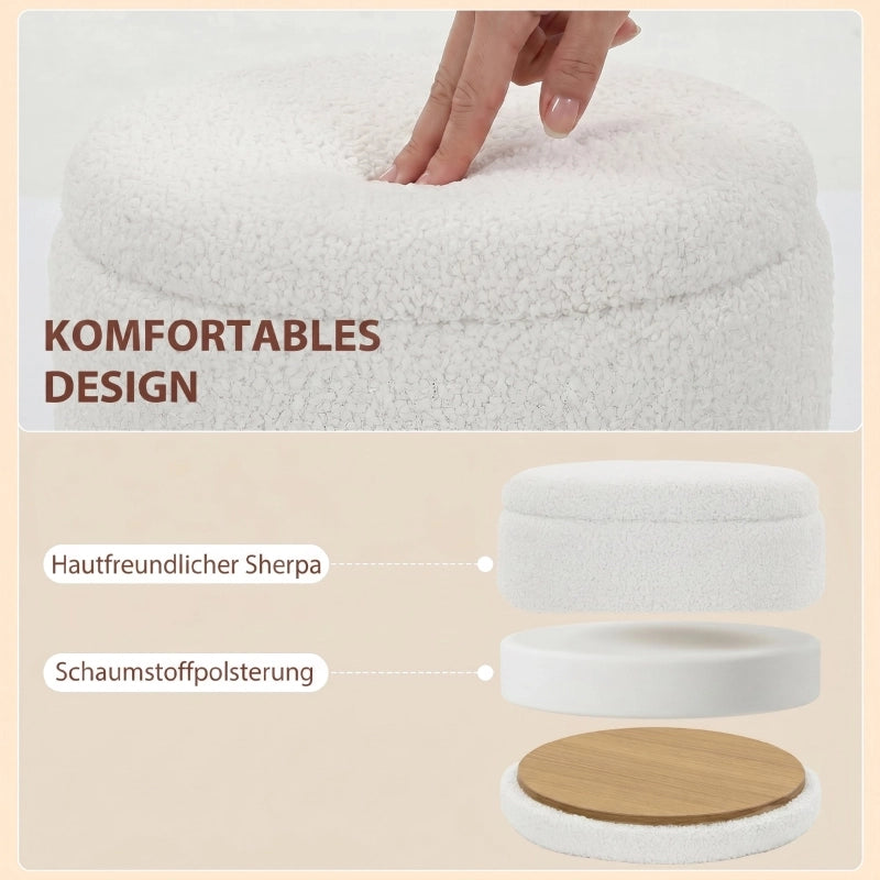 Pouf contenitore Sherpa con coperchio reversibile, sgabello rotondo per soggiorno e camera da letto, bianco