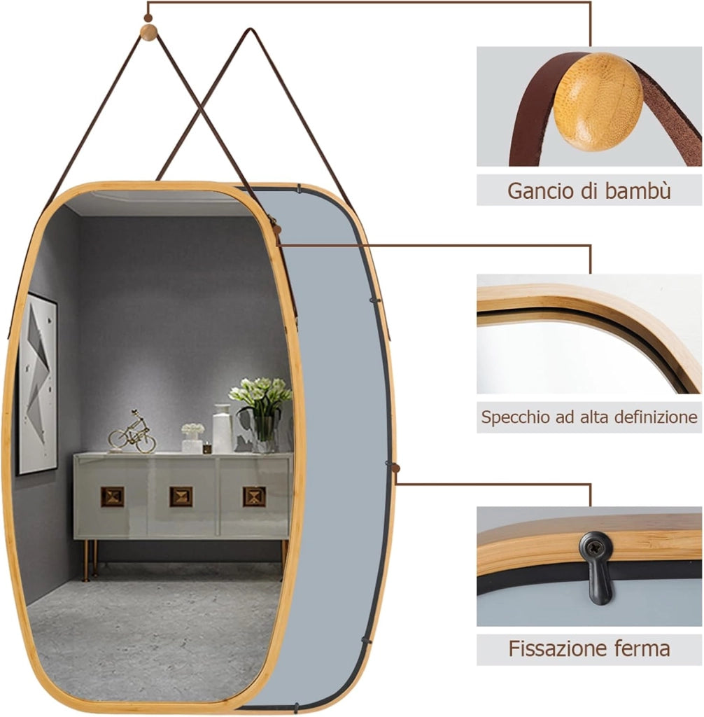 Specchio Ovale da Parete, Specchio Sospeso per Appendere, Cornice in Bambù, Moderno, per Bagno Camera da Letto Soggiorno (77 x 44 x 1,5 cm)